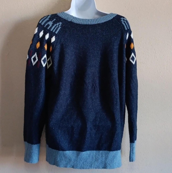 Cozy Geometric Winter Knit Sweater, Fall Knitwear, Cabincore Navy Multicolor Med - Picture 2 of 9
